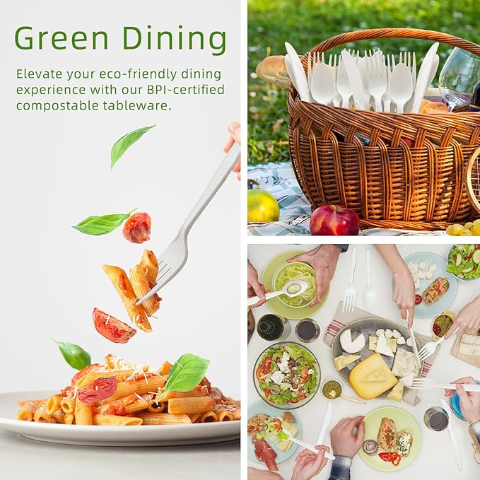Compostable Utensils, White No Plastic Silverware, Compostable Cutlery 100 Forks 100 Spoons 100 Knives, No Plastic Disposable Silverware, Eco Friendly Disposable Cutlery for Party Office Wedding