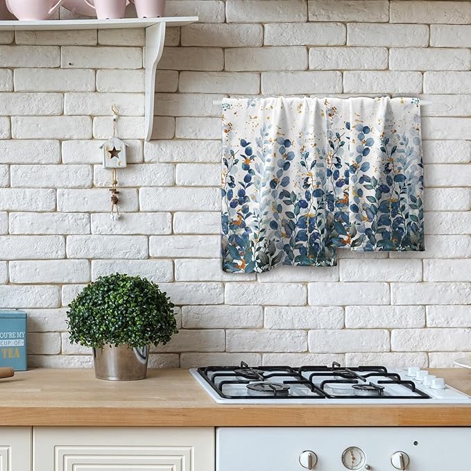 Imiss Blue Eucalyptus Towels - Watercolor Blue Grey Leaves Botanical Decorative Kitchen Bathroom Towel 14.4"x28.3" Multipurpose Bath Guest Towels Set of 2 for Gym,Spa,Hotel Decor