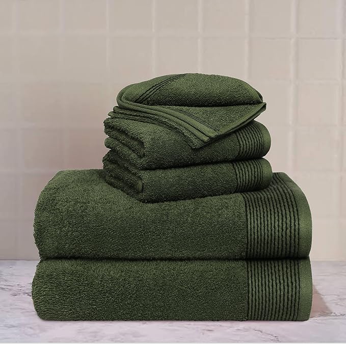 Belizzi Home 100% Cotton Ultra Soft 6 Pack Towel Set, Contains 2 Bath Towels 28x55 inchs, 2 Hand Towels 16x24 inchs & 2 Washcloths 12x12 inchs, Compact Lightweight & Highly Absorbant - Olive Green