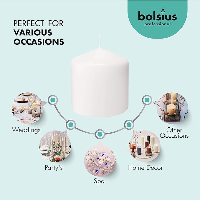 BOLSIUS 6 White Pillar Candles Bulk - 3x3 Inches Candle Set - 25+ Hours Clean Burning - No Palm Oil - 0% Animal Fat - Premium European Quality - Unscented Dripless Dinner Pillars