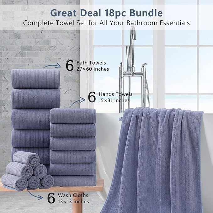18 Piece Bath Towels Set,Soft Family Bathroom Towel Set with Hanging Loops-6 Bath Towels,6 Hand Towels,6 Washcloths,Highly Absorbent Quick Dry Shower Towel for Bathroom,Hotel,Spa-Wedgewood Towel Set