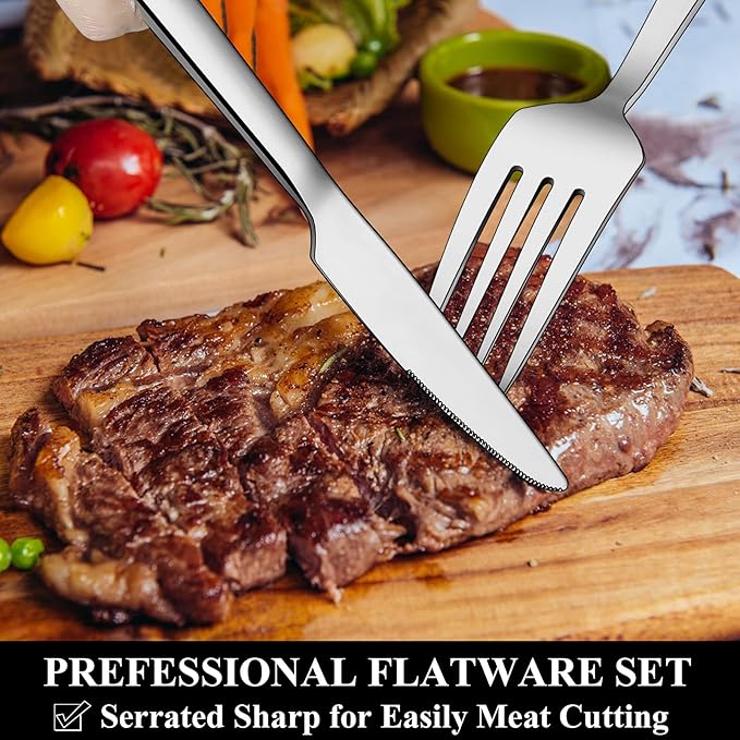 Wildone 40-Piece Silverware Set, Stainless Steel Flatware Square Cutlery Set Service for 8, Eating Utensils Include Knife Fork Spoon, Mirror Polished & Dishwasher Safe