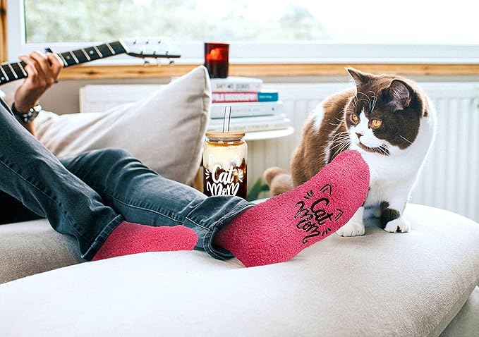 Mason Life Gift for Women, Birthday Gift for Cat Lover, Glass Cup and Sock for Kitty Mom, Cat Mom Gifts for Women, Kitty Themed Gifts, 18oz Drinking Glasses with Bamboo Lid and Glass Straw