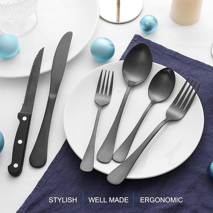 E-far 24-Piece Black Silverware Set with Steak Knives, Stainless Steel Flatware Cutlery Set for 4, Matte Black Metal Eating Utensils Sets Include Forks and Spoons Knife, Modern Design & Rust Proof