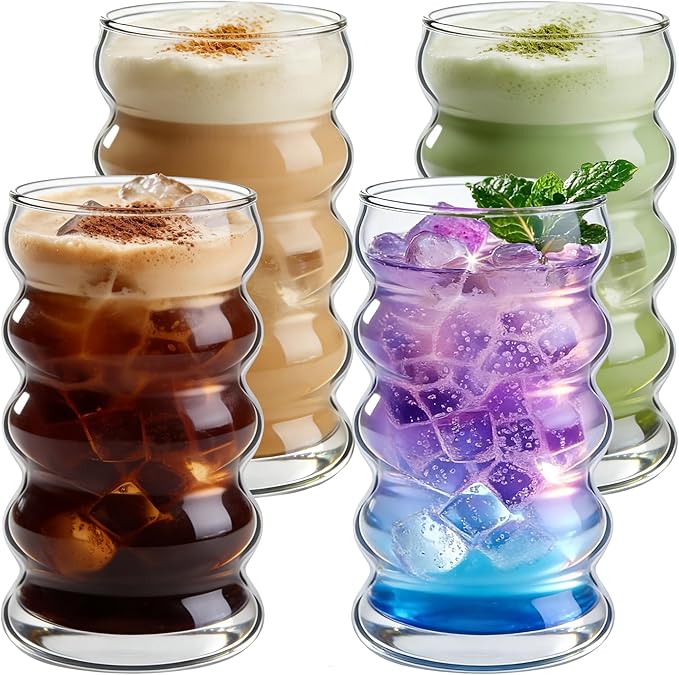 2 Pcs 20oz Drinking Glasses Set with Straws, Cute Iced Coffee Glass Cups, Iced Coffee Tumblers, Thick Drinking Jars for Smoothie, Boba Milk Tea, Ideal for Gift, with Straw Brush