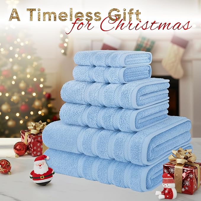 American Soft Linen Luxury 6 Piece Towel Set, 2 Bath Towels 2 Hand Towel 2 Washcloths, 600 GSM 100% Cotton Turkish Towels for Bathroom, Sky Blue Towel Sets