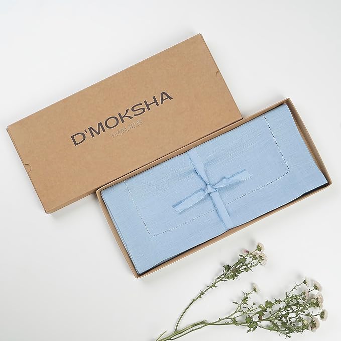 D'Moksha Homes Linen Powder Blue Table Runner 48 Inches - Classic Hemstitch, 100% Pure Linen Coffee Table Runner 14 x 48 Inch Ideal for Dresser Tables - Winter, Holiday, New Year