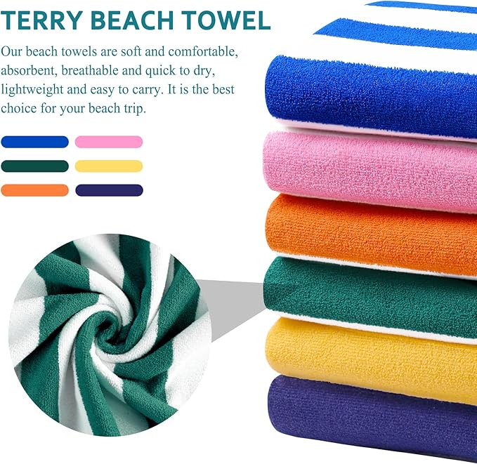 6 Packs Oversized 72X40 Inch Stripe Beach Towel Thin Terry Set Extra Large XL Big Clearance Soft Swim Absorbent Towels Pool Travel Accessories Essentials Camping Blanket Men Women Adults Gift Green