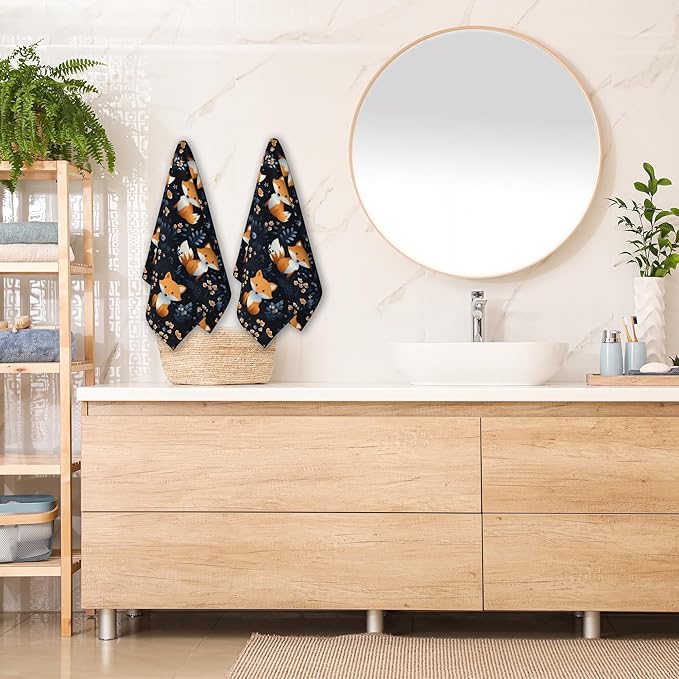 Hand Towels for Bathroom,Cute Foxes Floral Hand Towel Set of 2 Face Washcloths Fingertip Kitchen Towels Soft Bath Dish Cloth for Gym Hotel Spa Sport 14"X28"