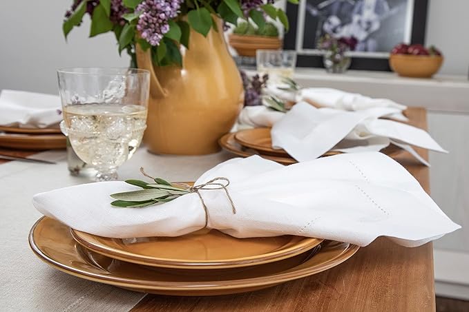 Solino Home Linen Cloth Napkins Set of 4-100% Pure Linen White Dinner Napkins 20 x 20 Inch for Valentines, New Year - Medium Weight Hemstitch, Handcrafted and Machine Washable