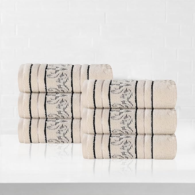 Superior Cotton Hand Towel Set, Small Towels, Plush Soft Absorbent Bathroom Basics, Home Essentials, Spa, Salon, Hotel, Kitchen, Luxury Quick Drying, Zero-Twist, Jacquard Floral, Set of 6, Ivory