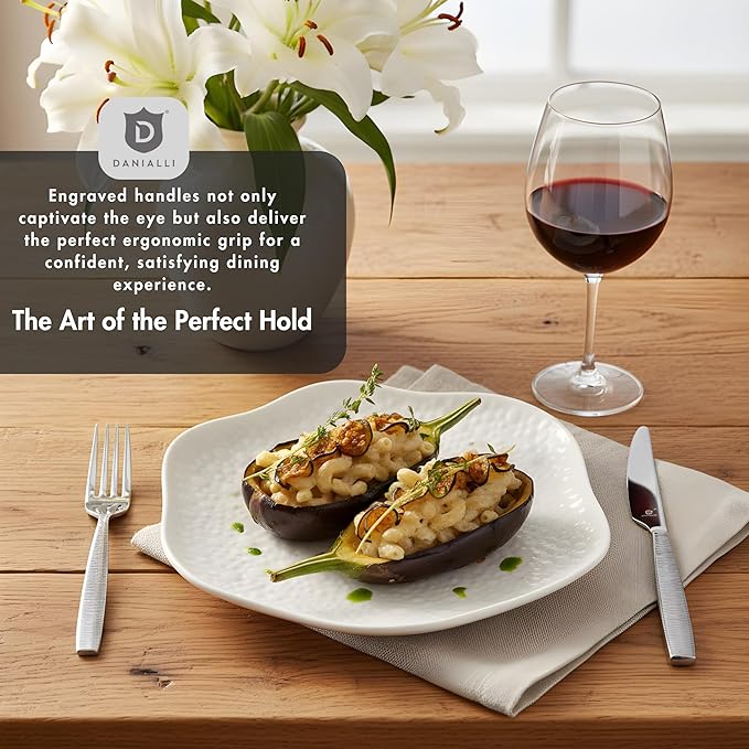 Engraved Silverware Set for 8 | 18/10 Stainless Steel Flatware with Mirror Finish and Engraved Handles | Heavy-Duty, Dishwasher Safe, Built to Last (40-Piece, Mezzano Engraved)