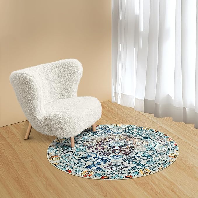 Easy-Going Round Area Rug 3ft Washable Boho Small Circle Rugs for Living Room Non-Slip Bedroom Rug Low Pile Lightweight Medallion Distressed Throw Rug for Dining Room Kitchen Office, Vintage Multi