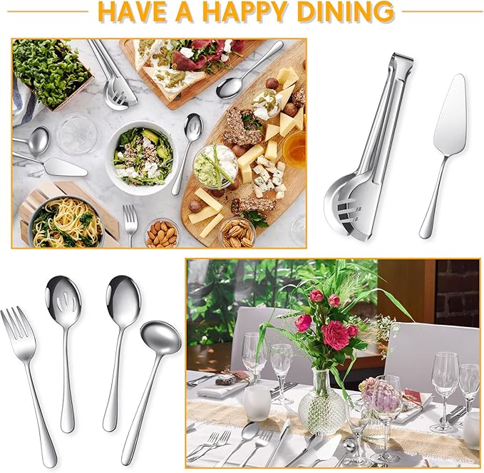 Patelai Serving Utensils Set Include Stainless Steel Large Spoons Slotted Spoons Forks Tongs Soup Ladle and Pie Server for Parties Buffet Catering, Dishwasher Safe(Silver,15 Pieces)