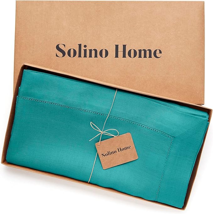 Solino Home Linen Tablecloth 60 x 132 Inch - Classic Hemstitch 100% Pure Linen Teal Table Cloth for Rectangle Tables - Machine Washable Tablecloth