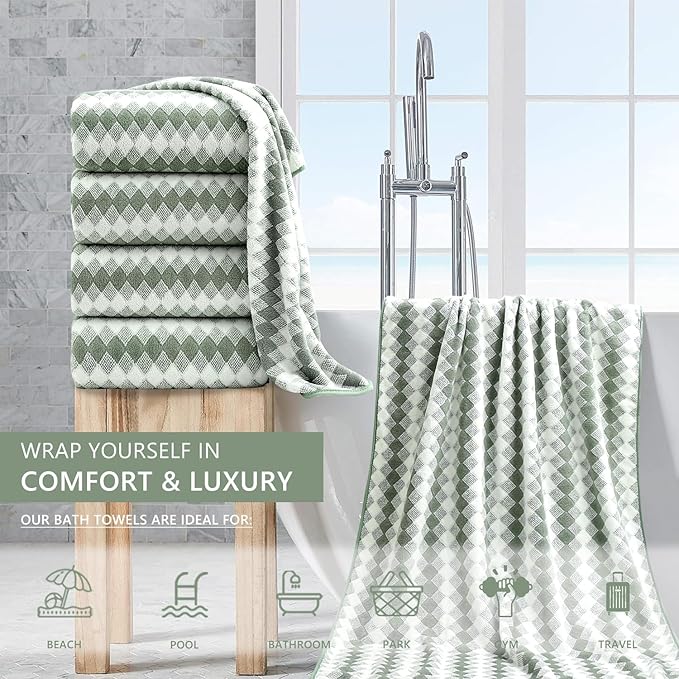 4 Piece Bath Towel Set Oversized Bath Sheet 35"x70" Bathroom Towel Extra Large Towel Set Soft Highly Absorbent & Quick Dry Premium Bath Sheet for Bathroom 600GSM Shower Towel Spa Gym Hotel,Green