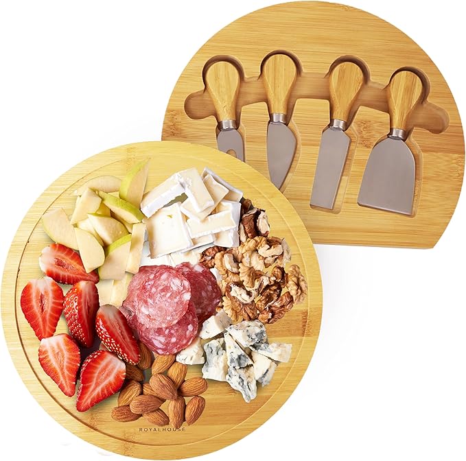 RoyalHouse Bamboo Round Cheese Board and 4 Knives Set with Slide-Out Cutlery Drawer - Charcuterie Boards Set - House Warming Gifts New Home, Wedding Gifts for Couple 2025, Bridal Shower