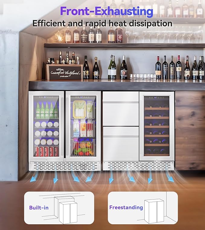 Dual Zone Beverage Refrigerator, 30'' Beverage Fridge with Detachable Basket, Intelligent Control Beverage Cooler with Glass Door Built-in or Freestanding with Blue LED Light, Hold 130 Can 60 Bottle