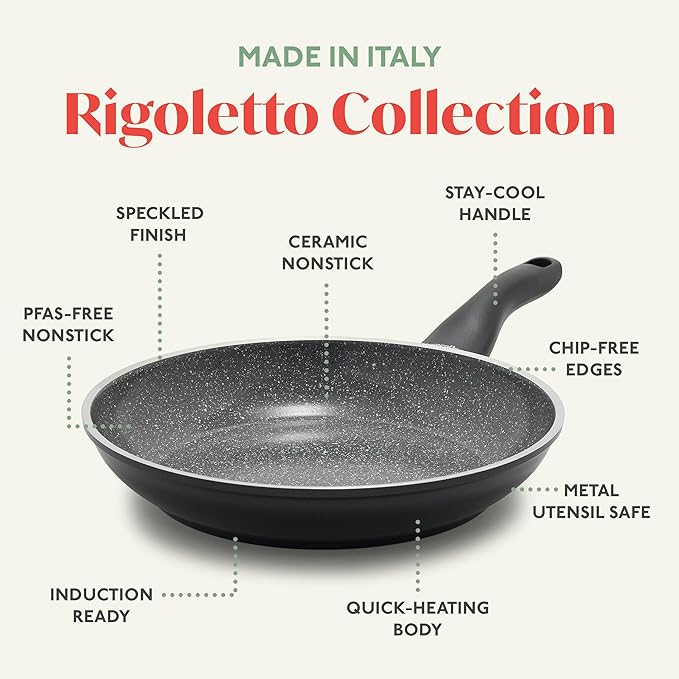 Rigoletto 9.5” Nonstick Frying Pan Skillet, Made in Italy, Layered Ceramic PFAS-Free Surface, Induction Ready, Dishwasher & Metal Utensil Safe, Granite Finish, Stay-Cool Handle,Black