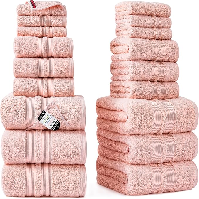 SEMAXE Solid 18-Piece Towel Set, Light Pink, 600GSM 100% Cotton, 6 Each of Bath Towel, Hand Towel, and Washcloths, Gift Box Packaging, Hanging Loop Design