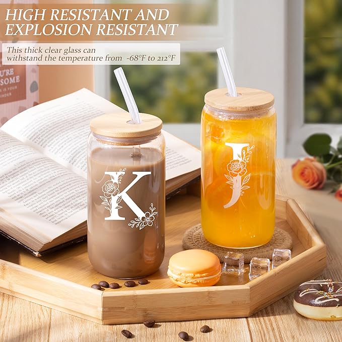 Personalized Gifts for Women, Monogrammed Gifts for Women, Initial 16 oz Glass Cups With Lids and Straws, Customized Mug, Personalized Birthday Gifts Christmas Gifts for Her Mom Friend Woman, J