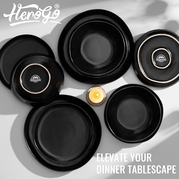 Herogo 12Pcs Plates and Bowls Set for 4, Irregular Handmade Stoneware Dinnerware, Crack and Scratch Resistant, Microwave & Dishwasher Safe, Reactive Glaze, Artistic Rustic Tableware, Matte Black