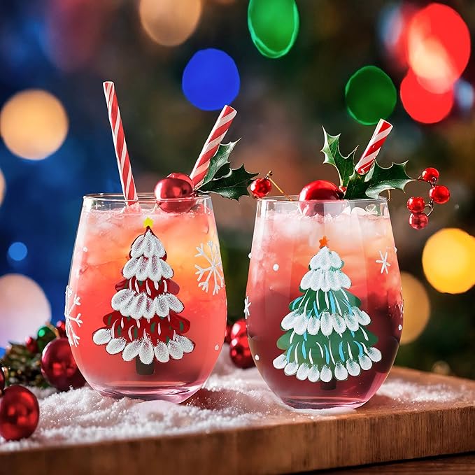 Joeyan Christmas Crystal Stemless Wine Glasses,Hand Painted Red or White Wine Glass Tumbler Cups,Large Green Xmas Tree and Snowflakes Patterned Drinking Glasses,Gift for Men Women Family,19oz,Set of 2
