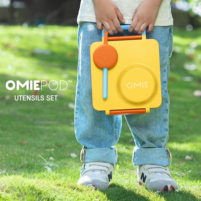 Omie OmieBox Kids Utensils Set with Case - 2 Piece Plastic, Reusable Fork and Spoon Silverware with Pod for Kids (Sunrise)