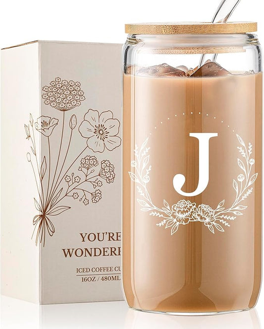 Personalized Gifts for Women, Monogrammed 16oz Glass Cups with Bamboo Lids and Straws, Customized Glass Tumbler, Cute Custom Mug, Customizable Initial Iced Coffee Glasses, Birthday Bridesmaid Mom, J