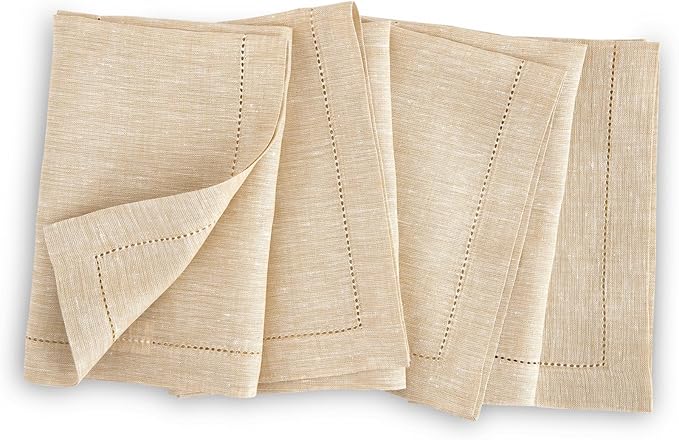 Solino Home Linen Napkins Set of 4 - Hemstitch 100% Pure Linen Champagne Beige Dinner Napkins Cloth 20 x 20 Inch for Holiday, New Year - Milan, Handcrafted and Machine Washable