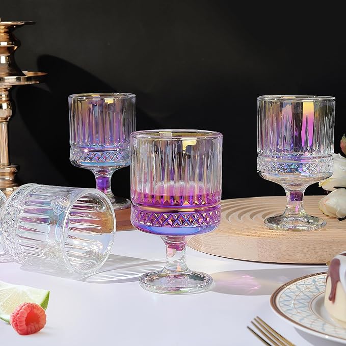 Joeyan Vintage Iridescent Wine Glasses,Embossed Water Goblet Glasses with Diamond Patterns,Rainbow Decorative Striped Stemmed Glass Tumbler Cups,Glassware for Party Wedding Anniversary,7 oz,4 pcs