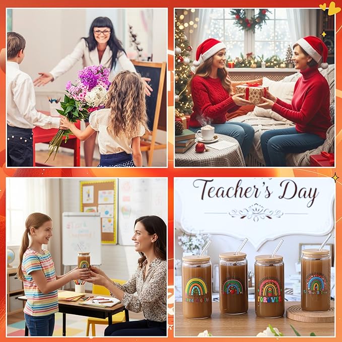 4 Pcs 16 oz Christmas Teacher Gifts for Women Teacher Appreciation Gifts Thank You Coffee Cup Tumbler Drinking Glass Beer Cups with Bamboo Lids Glass Straw Cleaning Brush for Employee Staff(Peppy)
