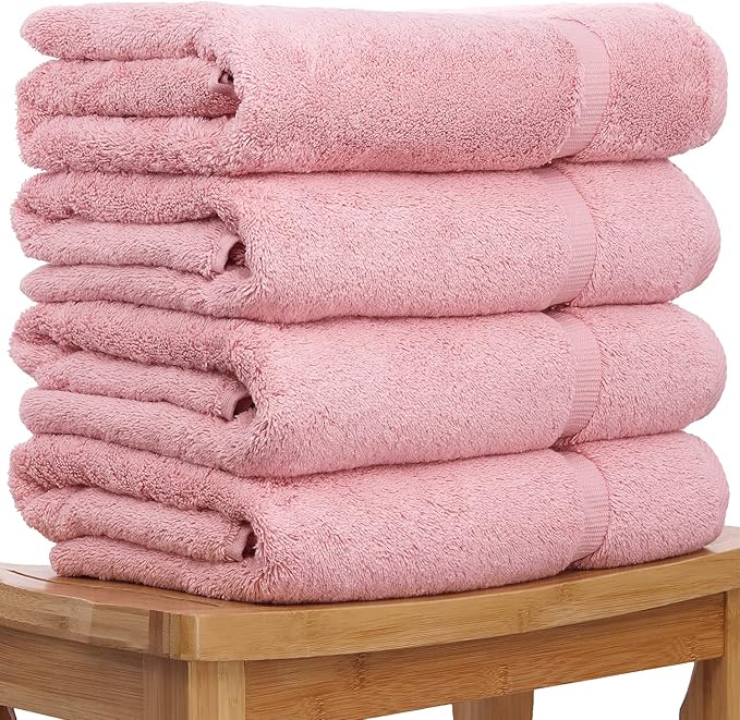Luxury Hotel & Spa Collection Highly Absorbent, Quick Dry 100% Turkish Cotton 700 GSM, Eco Friendly Towel, for Bathroom Dobby Border Soft Bath Towel Set 27 X 54 -Pink, Bath Towels - Set of 4