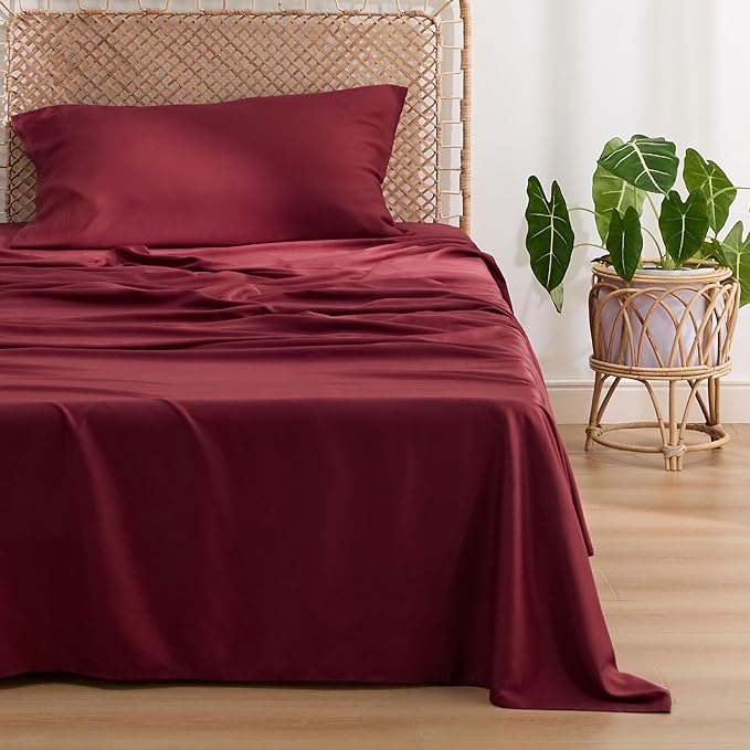 Bedsure Cooling Sheets Twin, Rayon Derived from Bamboo, Breathable & Soft Twin Sheets Set, Deep Pocket Up to 16 Inches, Hotel Luxury Silky Bedding for Hot Sleepers, Burgundy