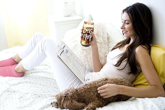 Mason Life Birthday Gift for Women, Cute Glass Cup and Sock Gift for Her, Dog Mom Socks, Dog Lover Gifts, Can Shaped Cups, 18oz Drinking Glasses with Bamboo Lid and Glass Straw