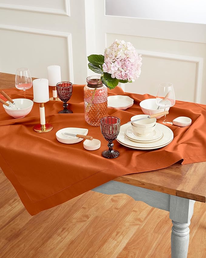 Solino Home Cinnamon Cotton Linen Tablecloth 52 x 52 Inch - Hemstitch Square Table Throw - Machine Washable Tablecloth