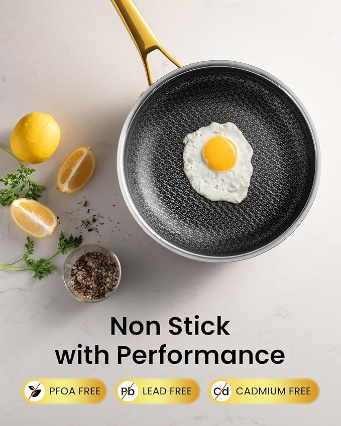 Gold Pots and Pans Set, Hybrid Hammered Stainless Steel, 10PC Nonstick Kitchen Cookware Sets w/Frying pan, Non Toxic, Oven Safe & Compatible with All Stovetops, Holiday Cooking Gift for Him or Her