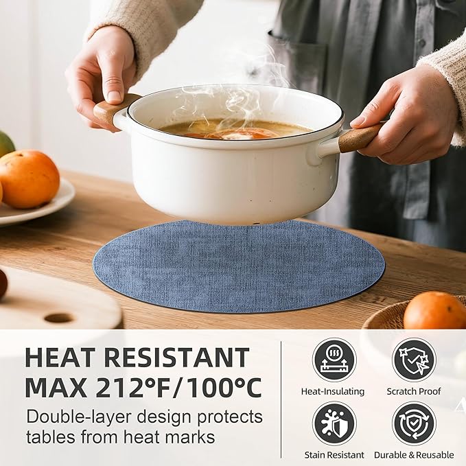 15 inch Faux Leather Round Placemats Set of 4 Non-Slip Washable Wipeable Table Mats, Heat Resistant Waterproof Oilproof Place Mats for Kitchen, Dining, Party, Indoor, Outdoor Blue