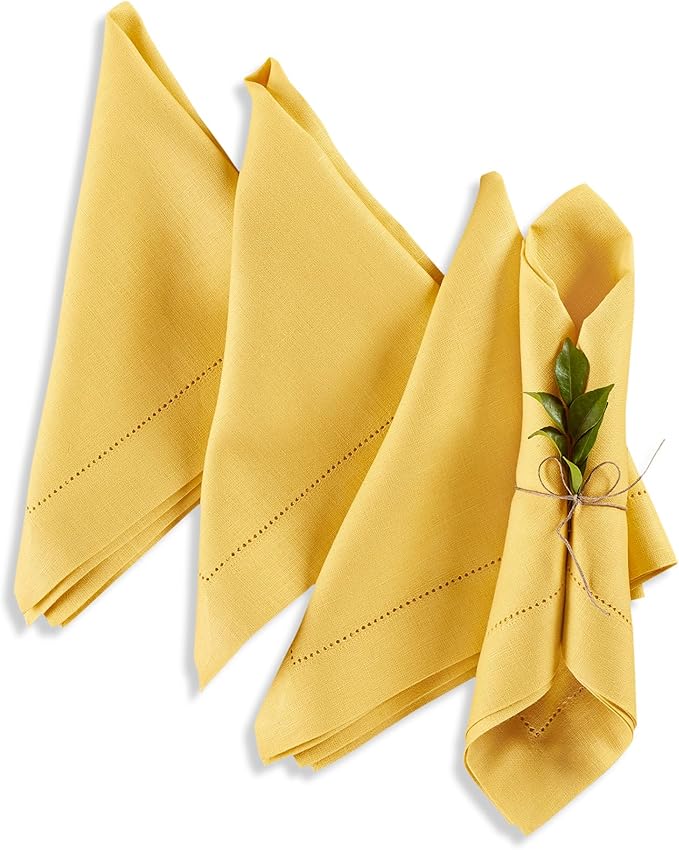 Solino Home Linen Cloth Napkins Set of 4-100% Pure Linen Marigold Yellow Dinner Napkins 20 x 20 Inch - Medium Weight Hemstitch, Handcrafted and Machine Washable