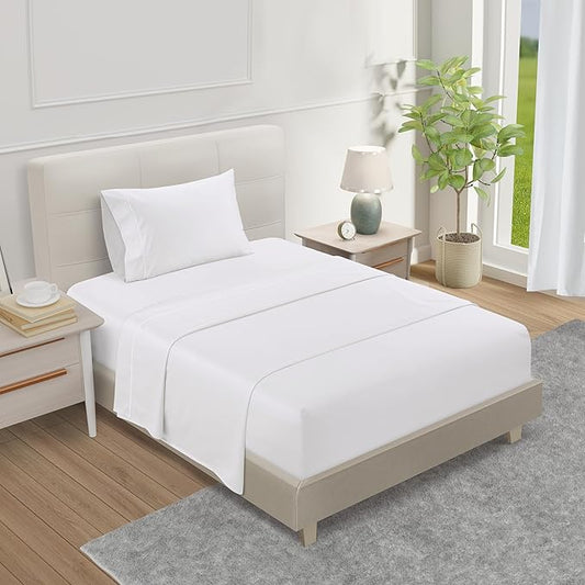 100% Egyptian Cotton Twin Sheets Set, 800TC Sateen Weave 3 PC Twin Bed Sheets, Fully Elasticated Sheet & Pillowcase Sets, Soft & Comfy No lint Machine Washable Fade Resistant- White
