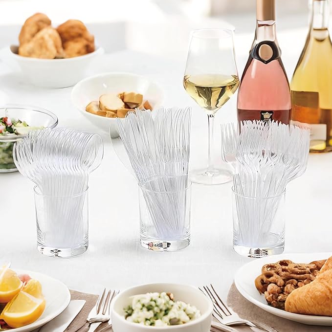 360 Count Heavy Duty Plastic Silverware, Disposable Clear Plastic Utensils Set, 150 Forks, 150 Spoons, 60 Knives, BPA-Free, Heat Resistant; Cutlery Set for Party