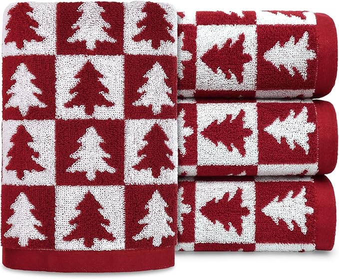 Jacquotha Christmas Hand Towels for Bathroom - 4-Piece Red Checkered & Tree Kitchen Towels, Festive Decor and Everyday Use, Cotton, 13” x 29”
