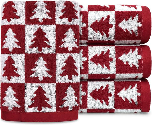 Jacquotha Christmas Hand Towels for Bathroom - 4-Piece Red Checkered & Tree Kitchen Towels, Festive Decor and Everyday Use, Cotton, 13” x 29”