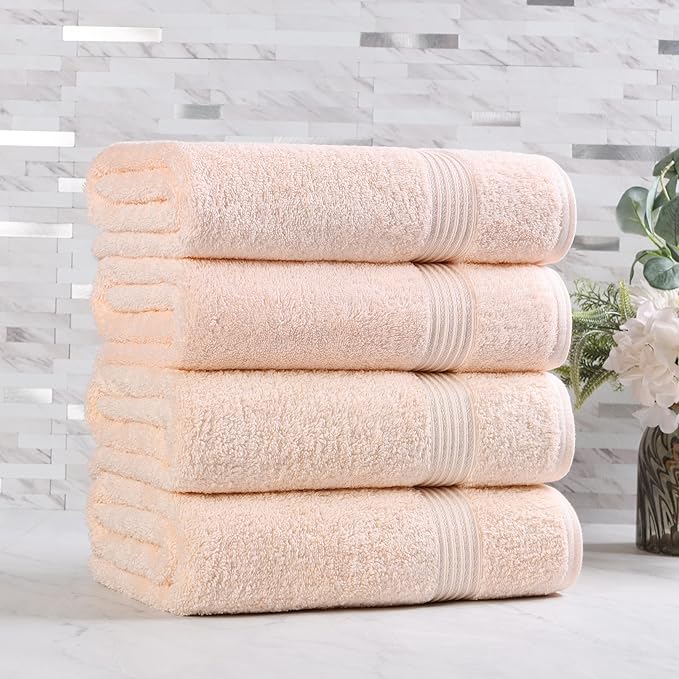 Superior Egyptian Cotton 4-Piece Bath Towel Set for Shower, Bath, Spa, Resort, Hotel, Soft Body Towels, Airbnb Essentials, Apartment, Dorm, Quick Dry, Absorbent, Bathroom Basics, Peach
