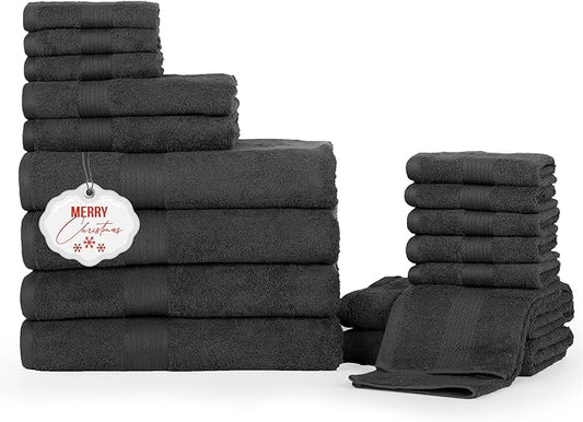 Ample Decor Bathroom Towel Set of 18-4 Hand Towel, 4 Bath Towel, 10 Wash Cloths - Oeko Tex Certified 600 GSM 100% Cotton - High Absorbency Quick Drying, Ideal for Gifting - Grey