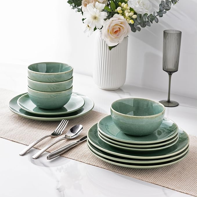 GBHOME Ceramic Dinnerware Sets for 6, 18 Pieces Stoneware Plates and Bowls Sets, Reactive Glaze Dishes -Scratch Resistant, Dishwasher&Microwave Safe-Malachite Green