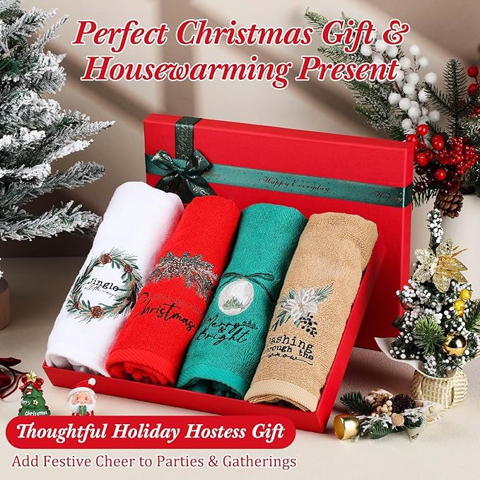 4 Pack Christmas Towels Cotton Embroidered Holiday Hand Towels Gifts 29.5'' x 13.8'' Soft Absorbent Festive Kitchen Dish Cloths Bathroom Decorative Xmas Guest Housewarming Party Supplies
