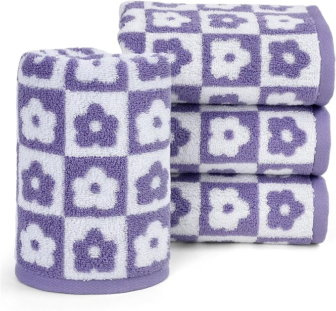 Jacquotha Cotton Hand Towels Lilac Checkered Floral - Quick Drying Hand Towel Set of 4, for Women Girls Bathroom Decor, 29” x 13”