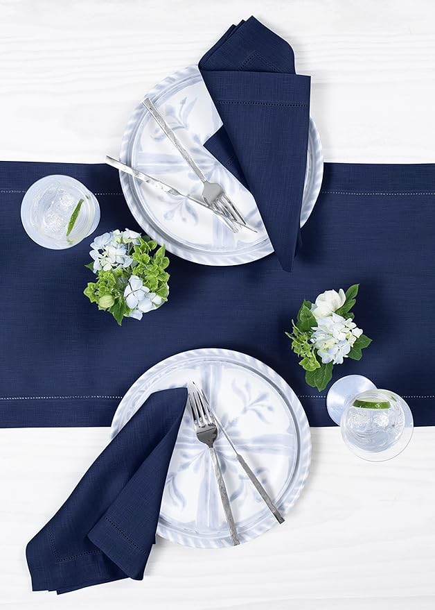 Solino Home Linen Navy Blue Table Runner 120 Inches Long - 100% Pure Linen Hemstitch 14 x 120 Inch Table Runner for Dining, New Year - Classic Hemstitch
