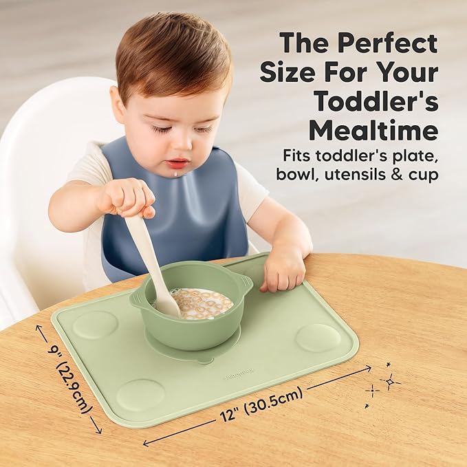 KeaBabies 2-Pack Silicone Placemats for Toddlers - 12x9 Non Slip Suction Baby Silicone Placemat for Kids Eating, Easy to Clean, Busy Travel Baby Mat for Dining Table, Food Grade/BPA-Free (Sage)